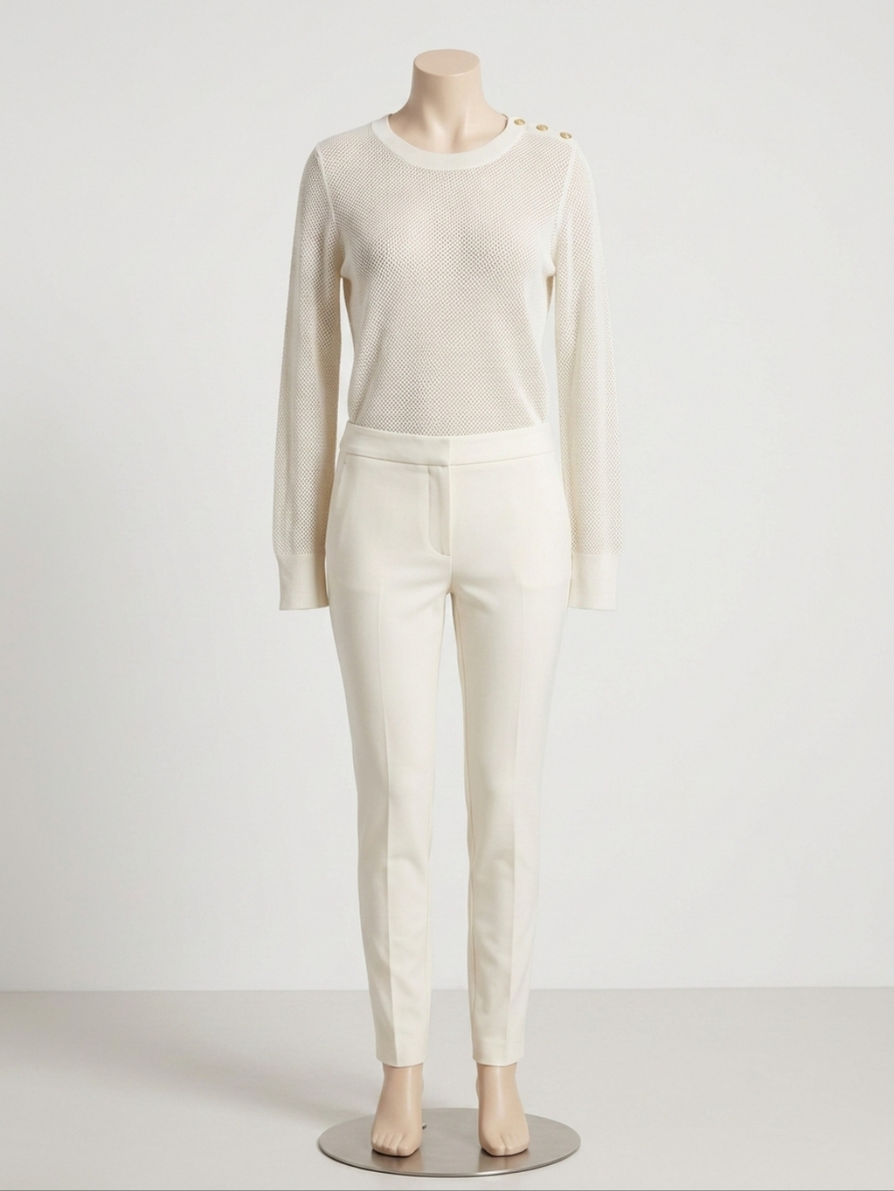 LOFT Cream Open-Knit Crew Neck Sweater with Shoulder Buttons
